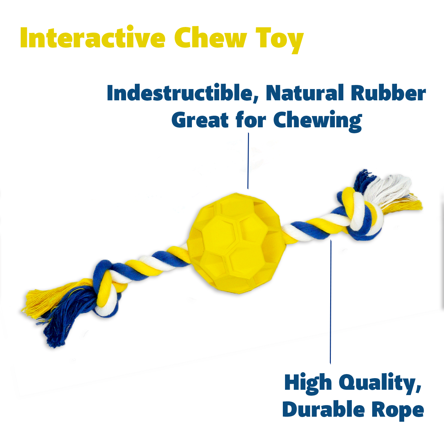 A durable rubber soccer ball chew toy with a sturdy tug rope, designed for active dogs of all sizes, promoting play and dental health.