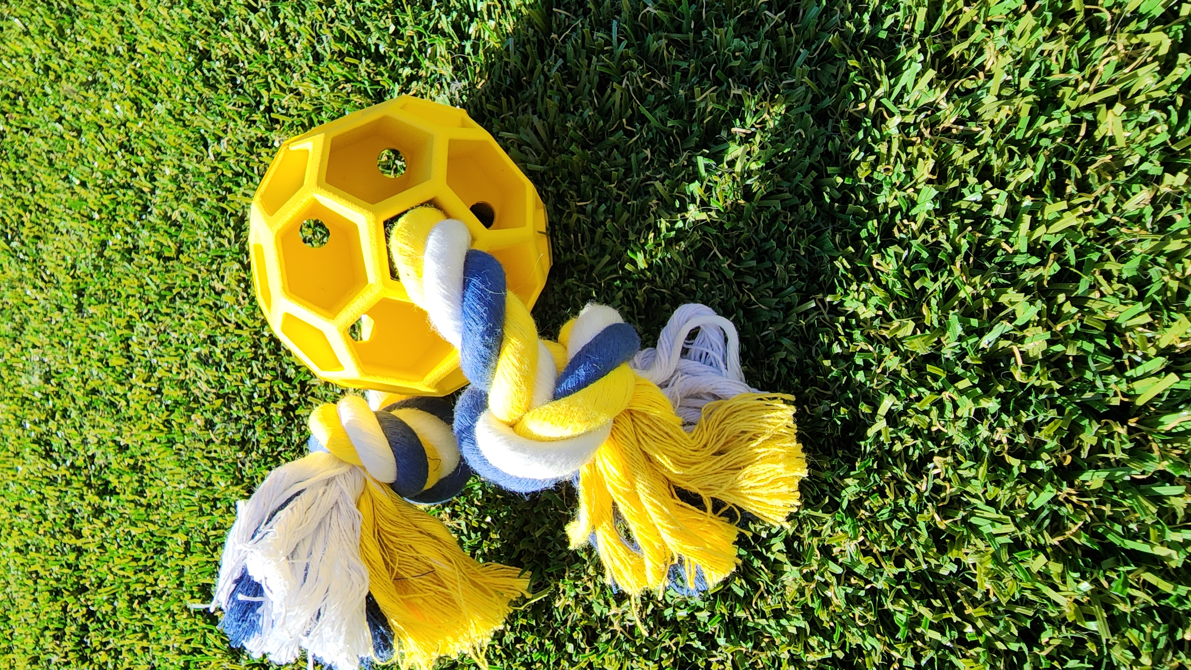 A durable rubber soccer ball chew toy with a sturdy tug rope, designed for active dogs of all sizes, promoting play and dental health.