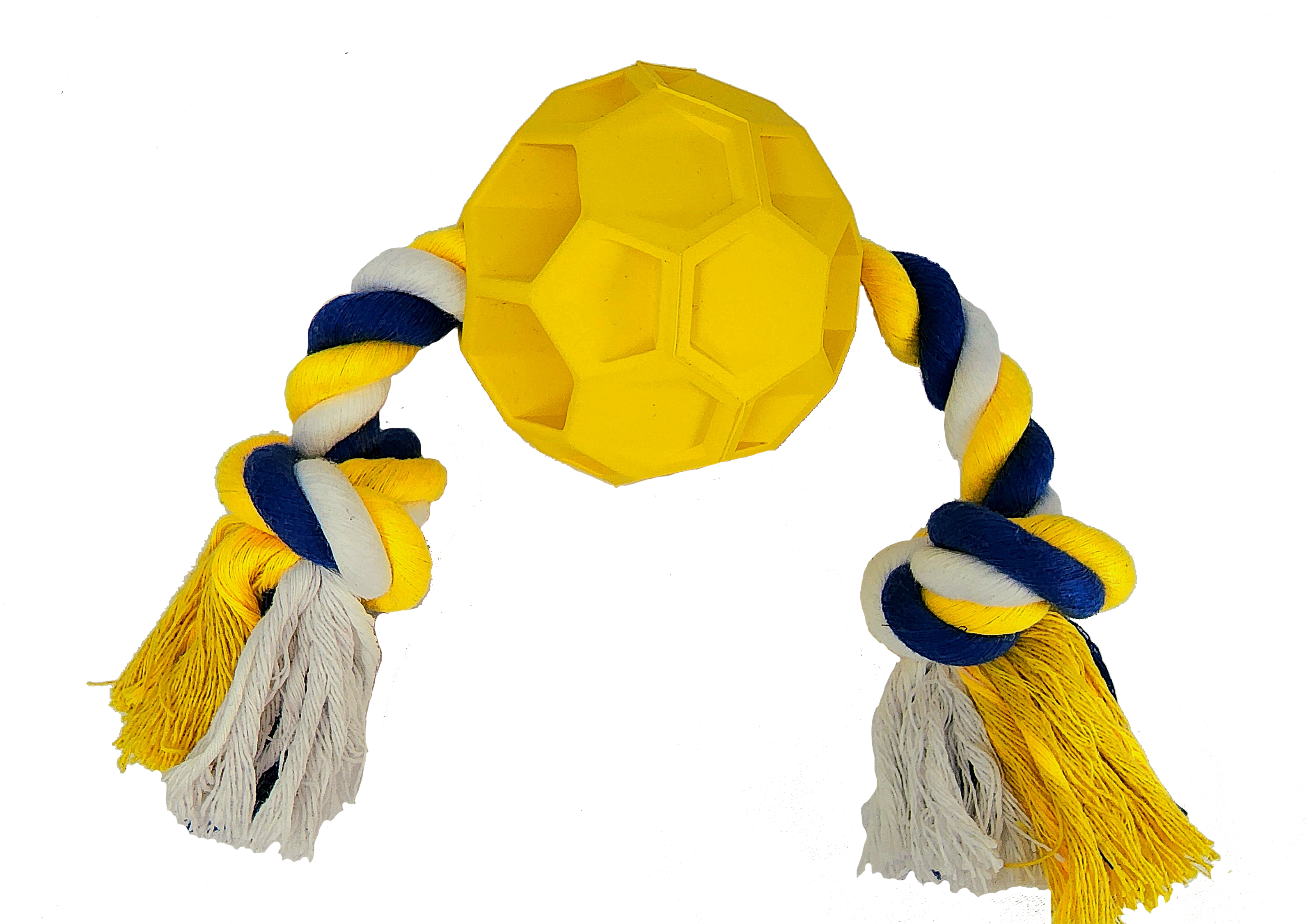 A durable rubber soccer ball chew toy with a sturdy tug rope, designed for active dogs of all sizes, promoting play and dental health.