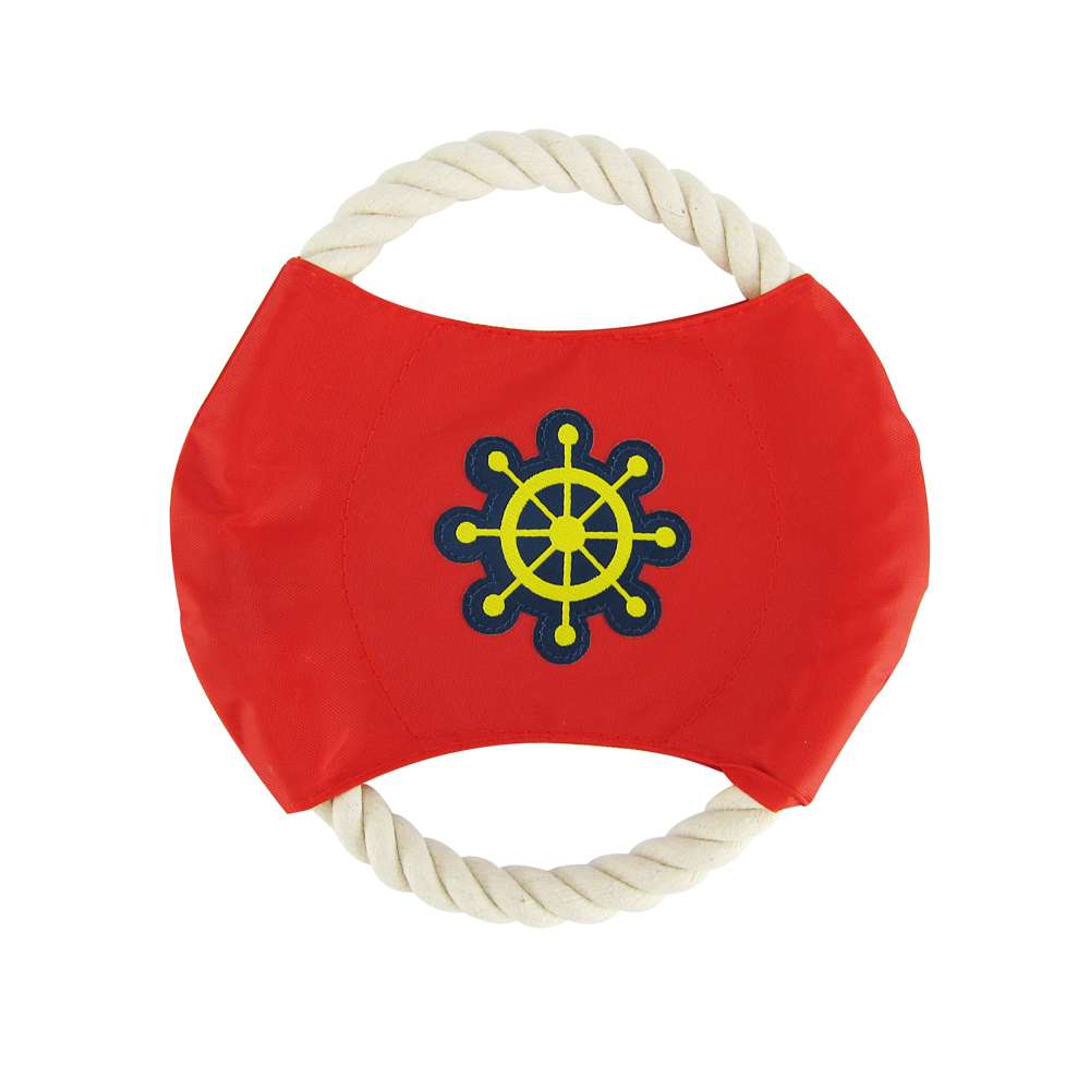 Ship Wheels & Anchors Dog Rope Disc Toy featuring a vibrant design with a woven patch, perfect for fetch and tug-of-war games.