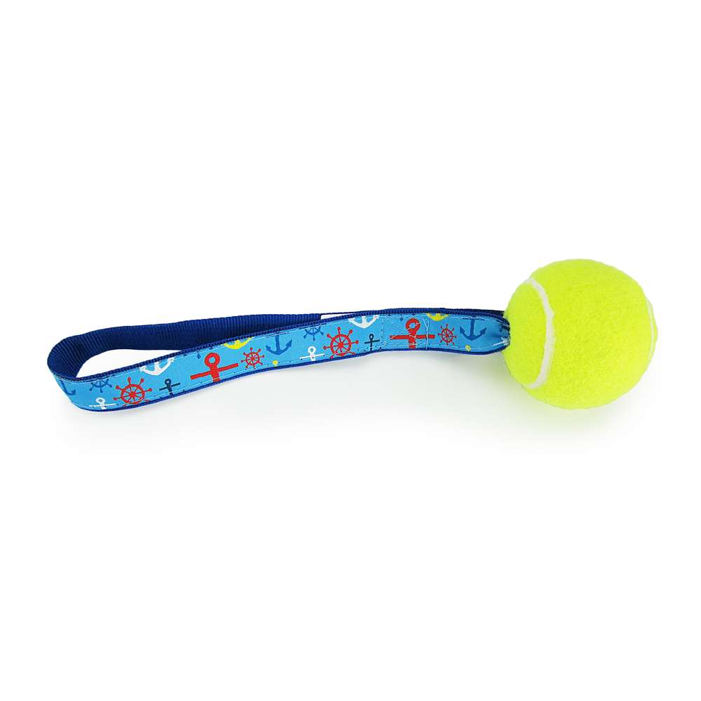 Ship Wheels & Anchors Tennis Ball Toss Toy featuring a bright nylon loop handle and a durable Tuff Ball, perfect for interactive play with dogs.