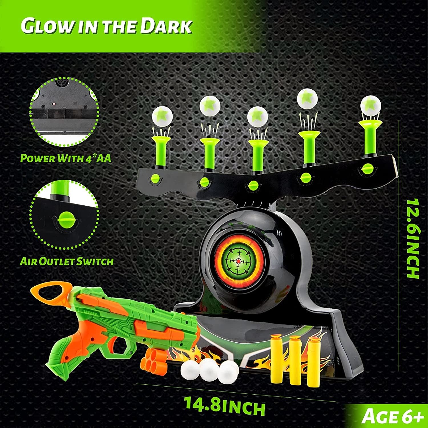 RAINBEAN Shooting Targets for Nerf Guns featuring glow-in-the-dark floating orbs and a blaster, perfect for target practice and family fun.