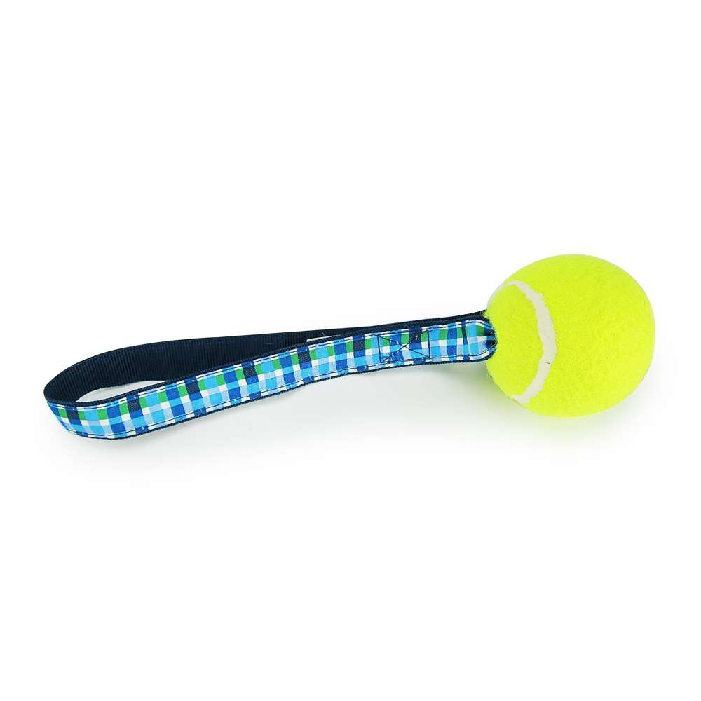 Summer Plaid (Blue) Tennis Ball Toss Toy featuring a durable nylon loop handle and a non-pressurized Tuff Ball, ideal for fetch and tug-of-war.