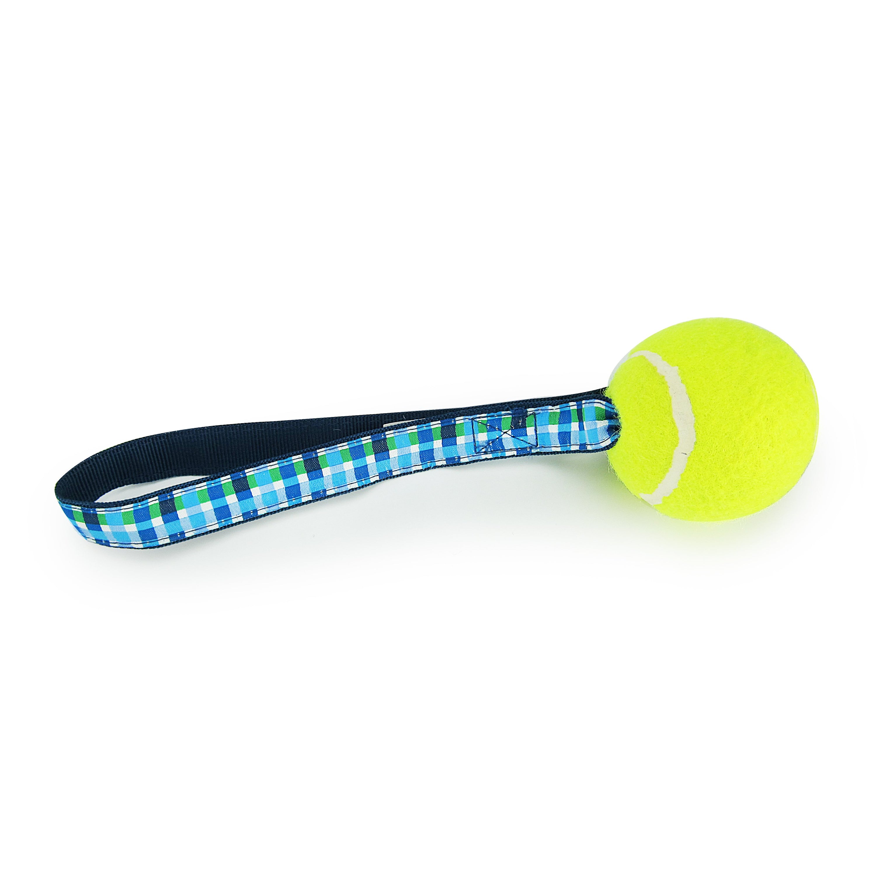 Summer Plaid (Blue) Tennis Ball Toss Toy featuring a durable nylon loop handle and a non-pressurized Tuff Ball, ideal for fetch and tug-of-war.