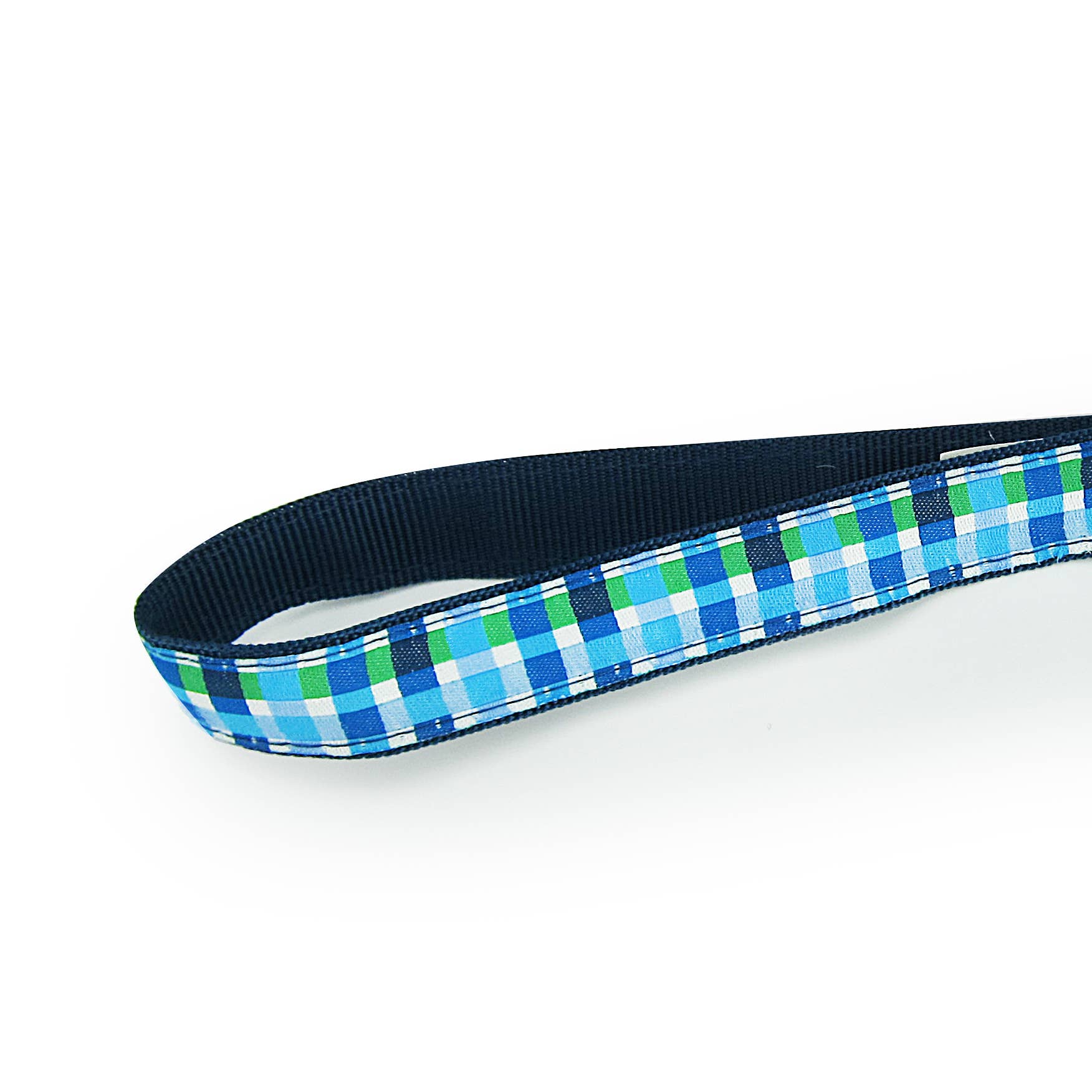 Summer Plaid (Blue) Tennis Ball Toss Toy featuring a durable nylon loop handle and a non-pressurized Tuff Ball, ideal for fetch and tug-of-war.