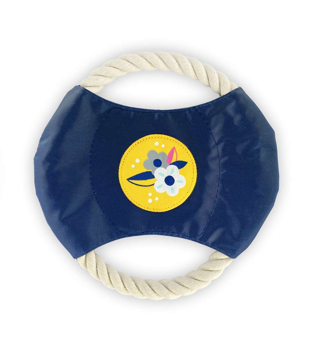 Sunshine Floral Dog Rope Disc Toy featuring a vibrant floral design and durable nylon center, perfect for fetch and tug-of-war games.