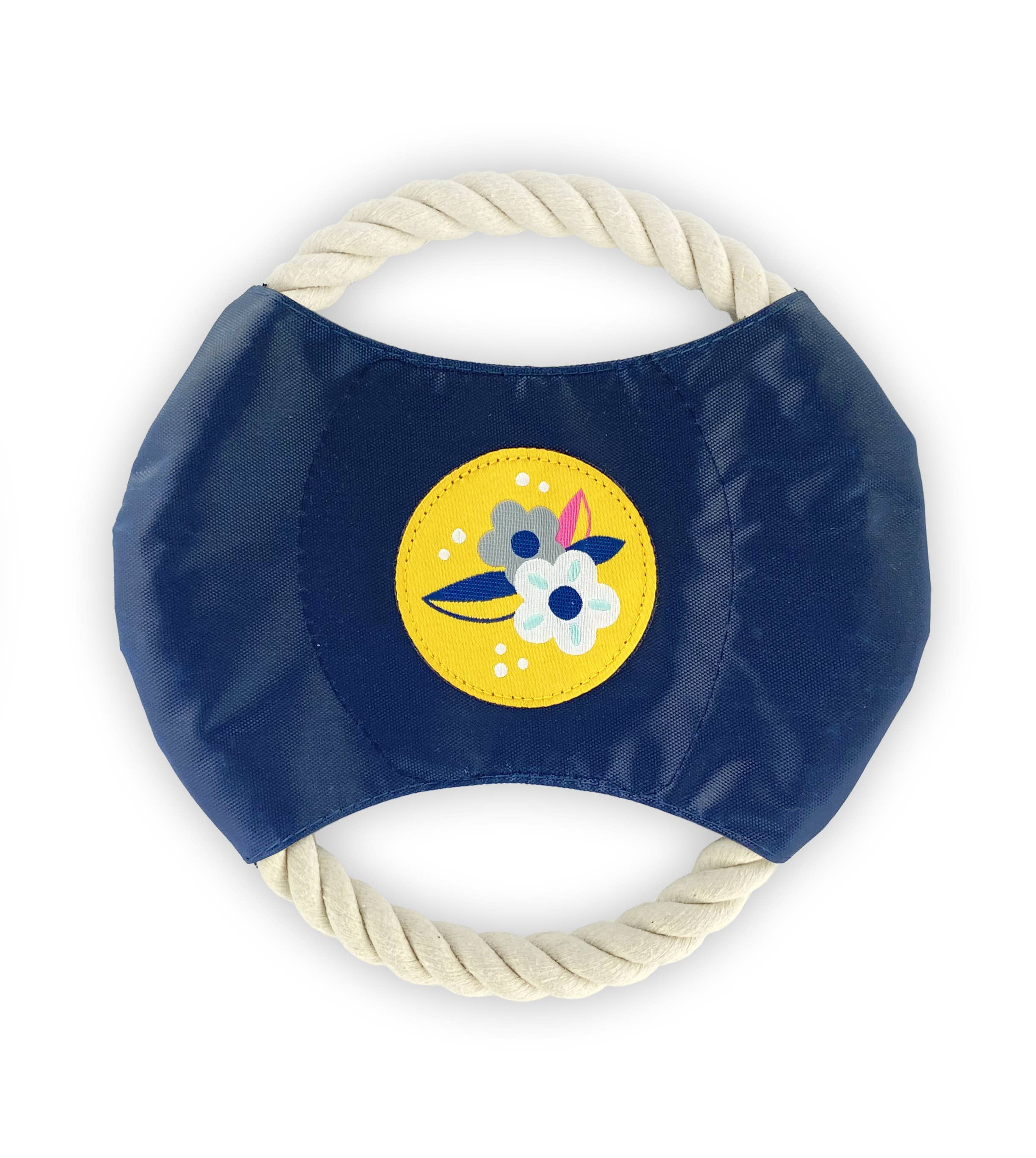 Sunshine Floral Dog Rope Disc Toy featuring a vibrant floral design and durable nylon center, perfect for fetch and tug-of-war games.