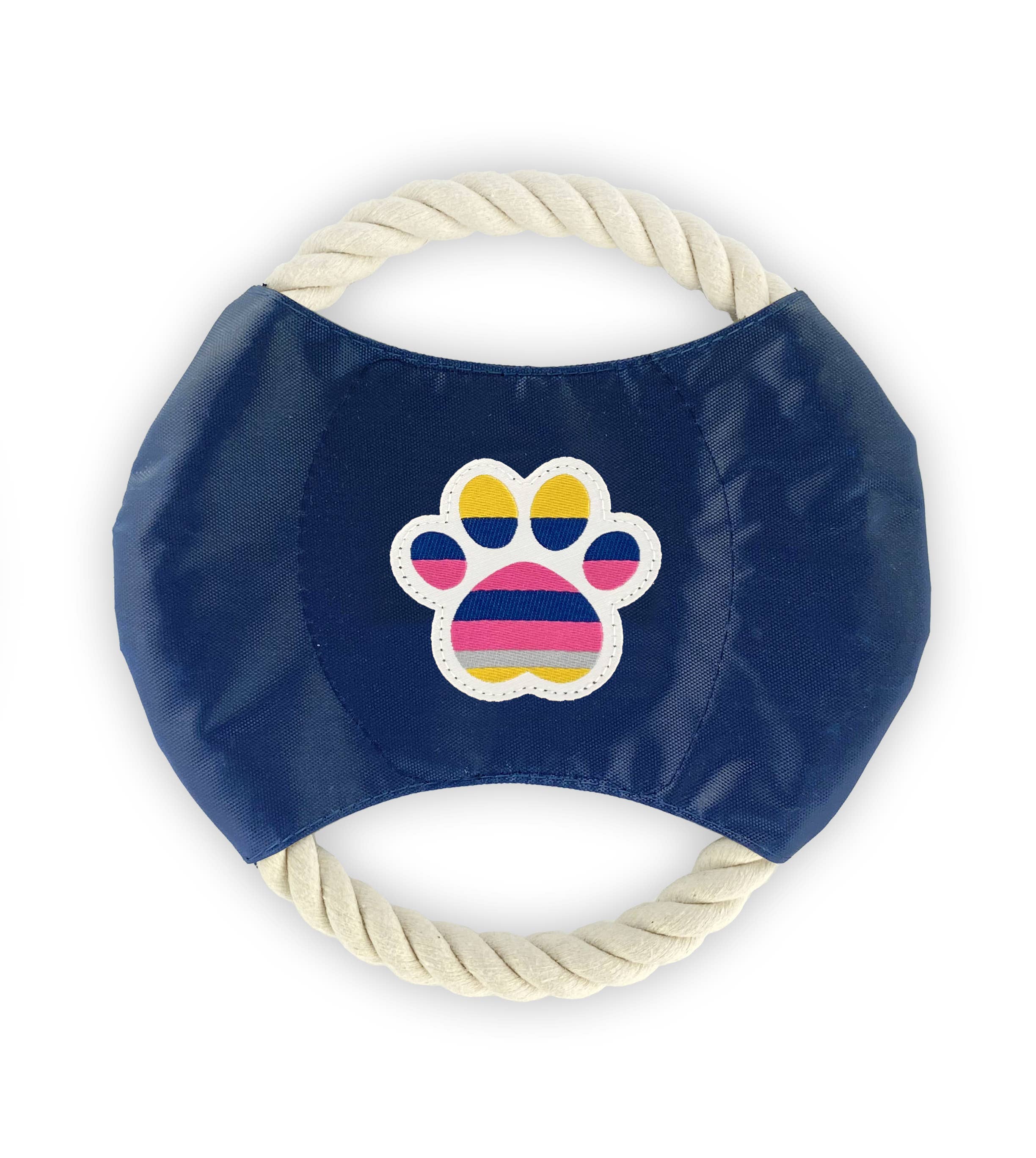 Sunshine Stripe Dog Rope Disc Toy, 7 inches in diameter, featuring a hand-sewn nylon center and a colorful woven patch design.