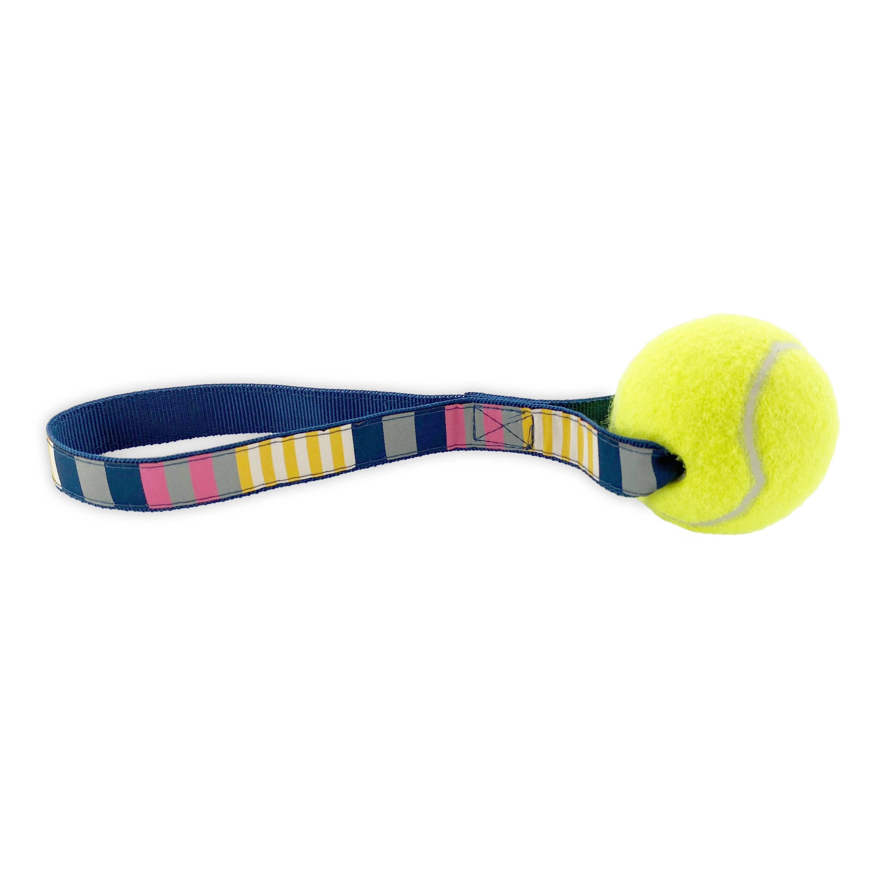 Sunshine Stripe Tennis Ball Toss Toy featuring a bright nylon loop handle and a durable Tuff Ball, perfect for interactive play with dogs.