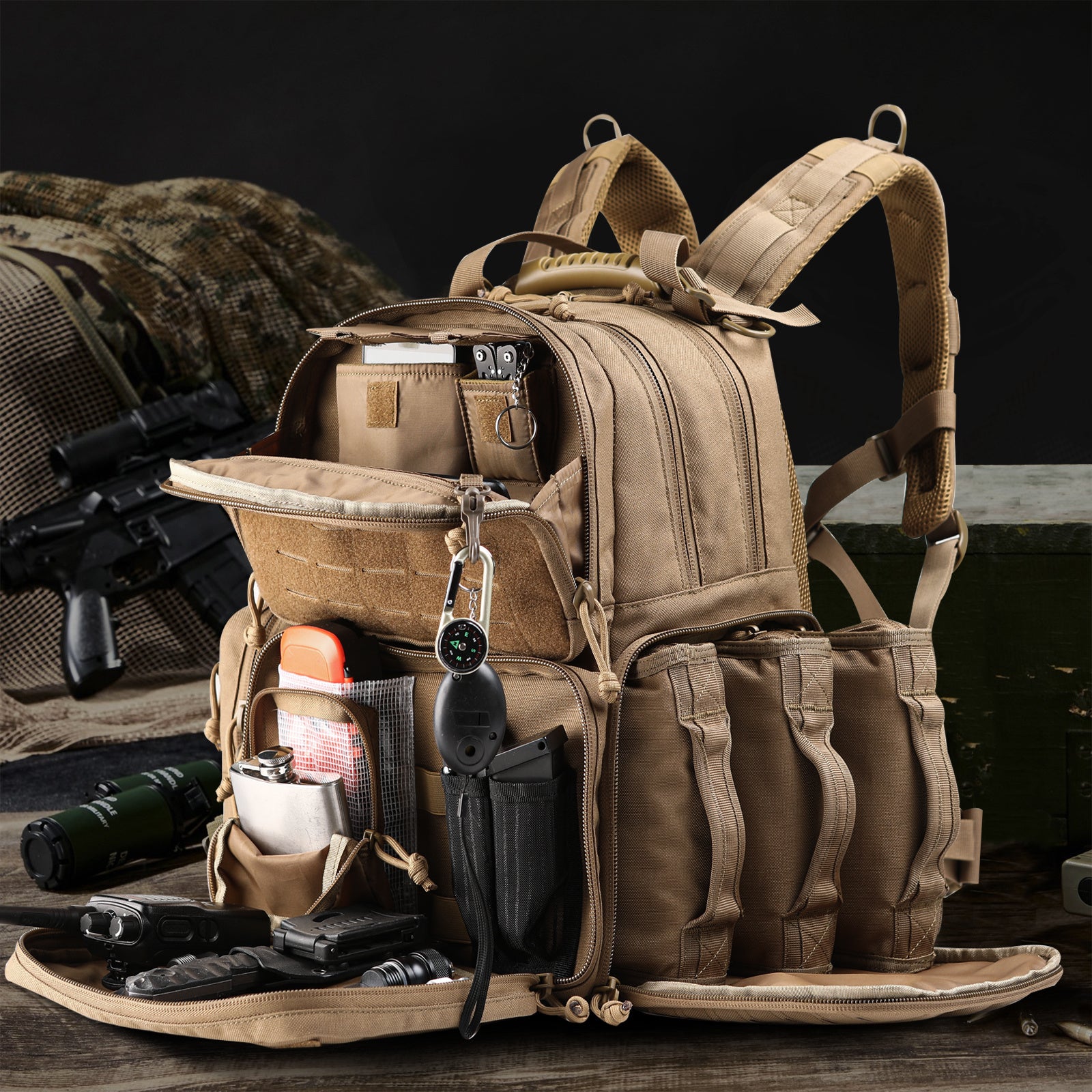 VOTAGOO Tactical Range Pistol Backpack showcasing its durable design, spacious compartments, and ergonomic features.