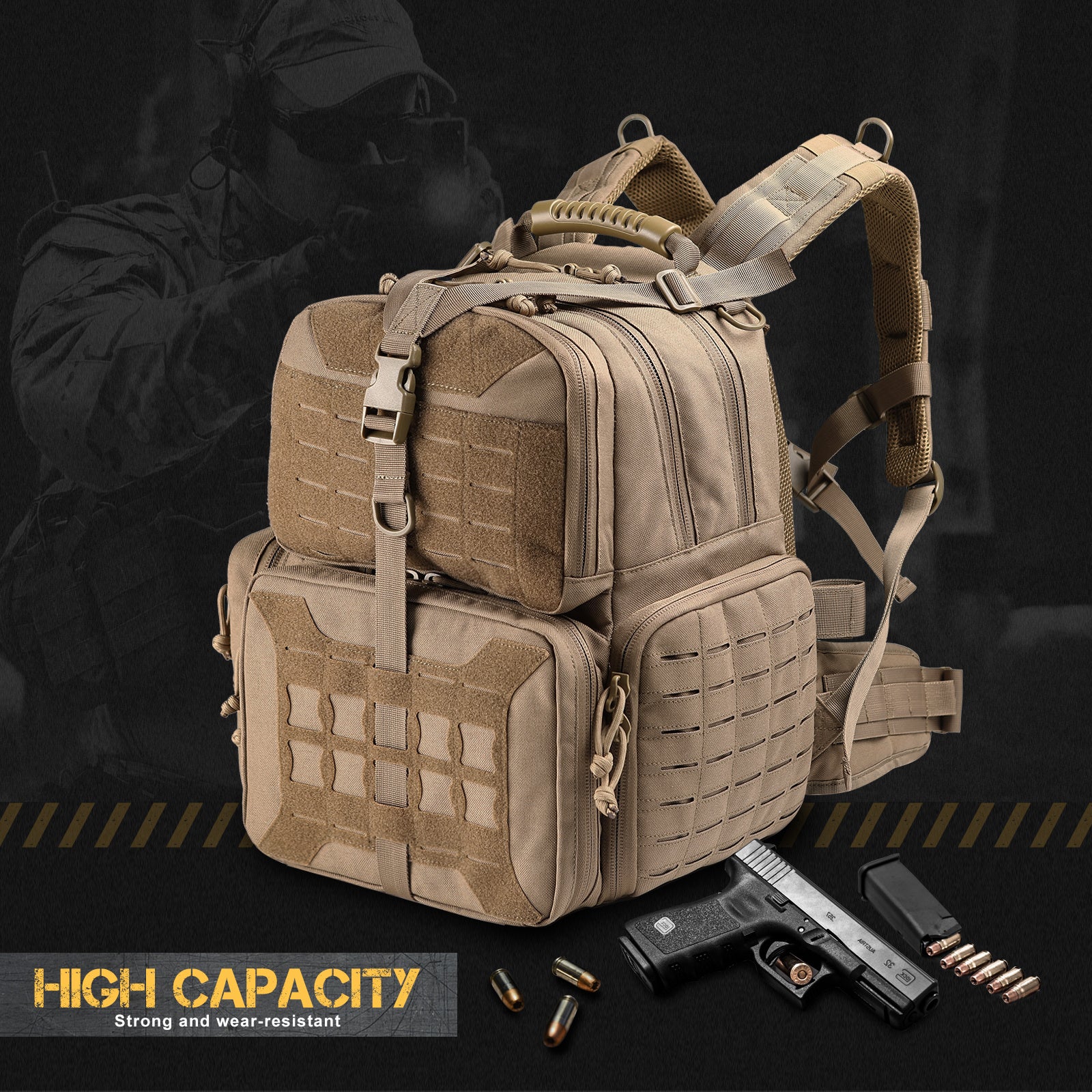 VOTAGOO Tactical Range Pistol Backpack showcasing its durable design, spacious compartments, and ergonomic features.