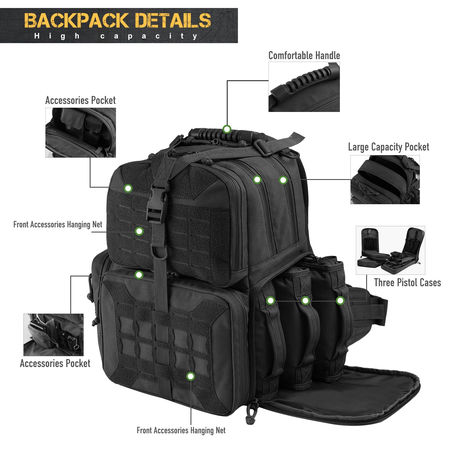 VOTAGOO Tactical Range Pistol Backpack showcasing its durable design, spacious compartments, and ergonomic features.