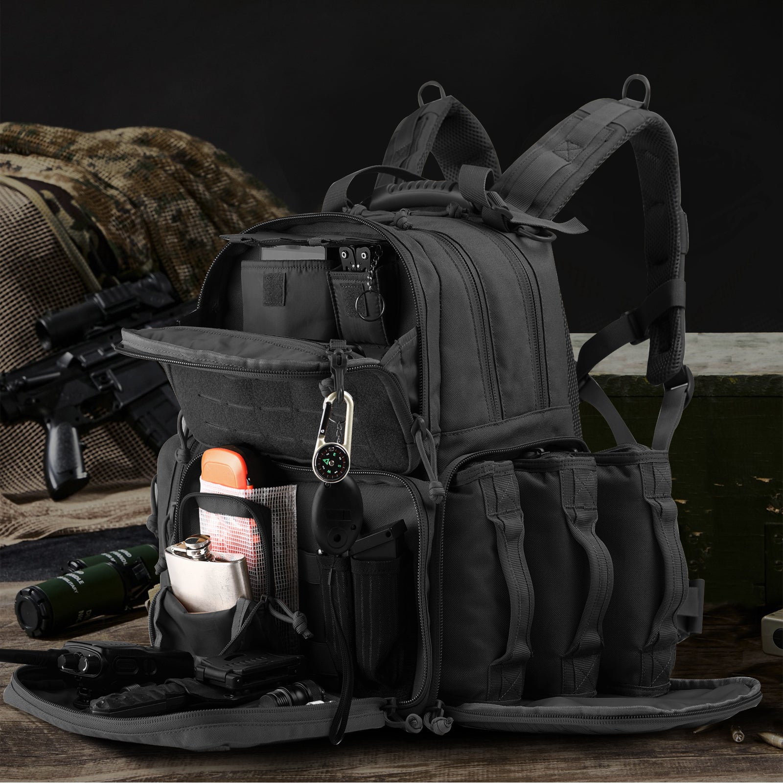 VOTAGOO Tactical Range Pistol Backpack showcasing its durable design, spacious compartments, and ergonomic features.