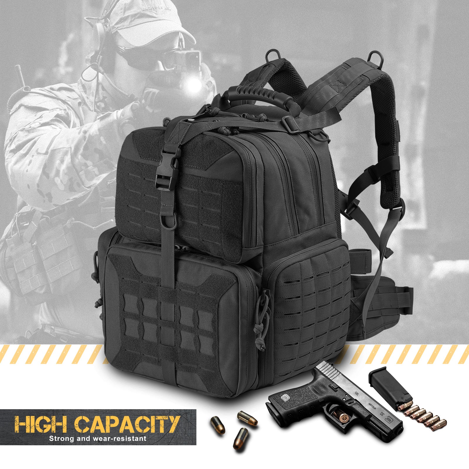 VOTAGOO Tactical Range Pistol Backpack showcasing its durable design, spacious compartments, and ergonomic features.