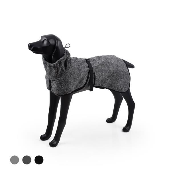 Water repellent softshell dog jacket in grey, suitable for medium to large dogs, designed for outdoor activities in spring and autumn.