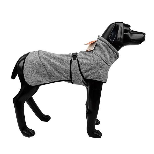 Water Repellent Softshell Dog Jacket in grey, designed for medium to large dogs, featuring adjustable straps and a high neckline for cold weather protection.