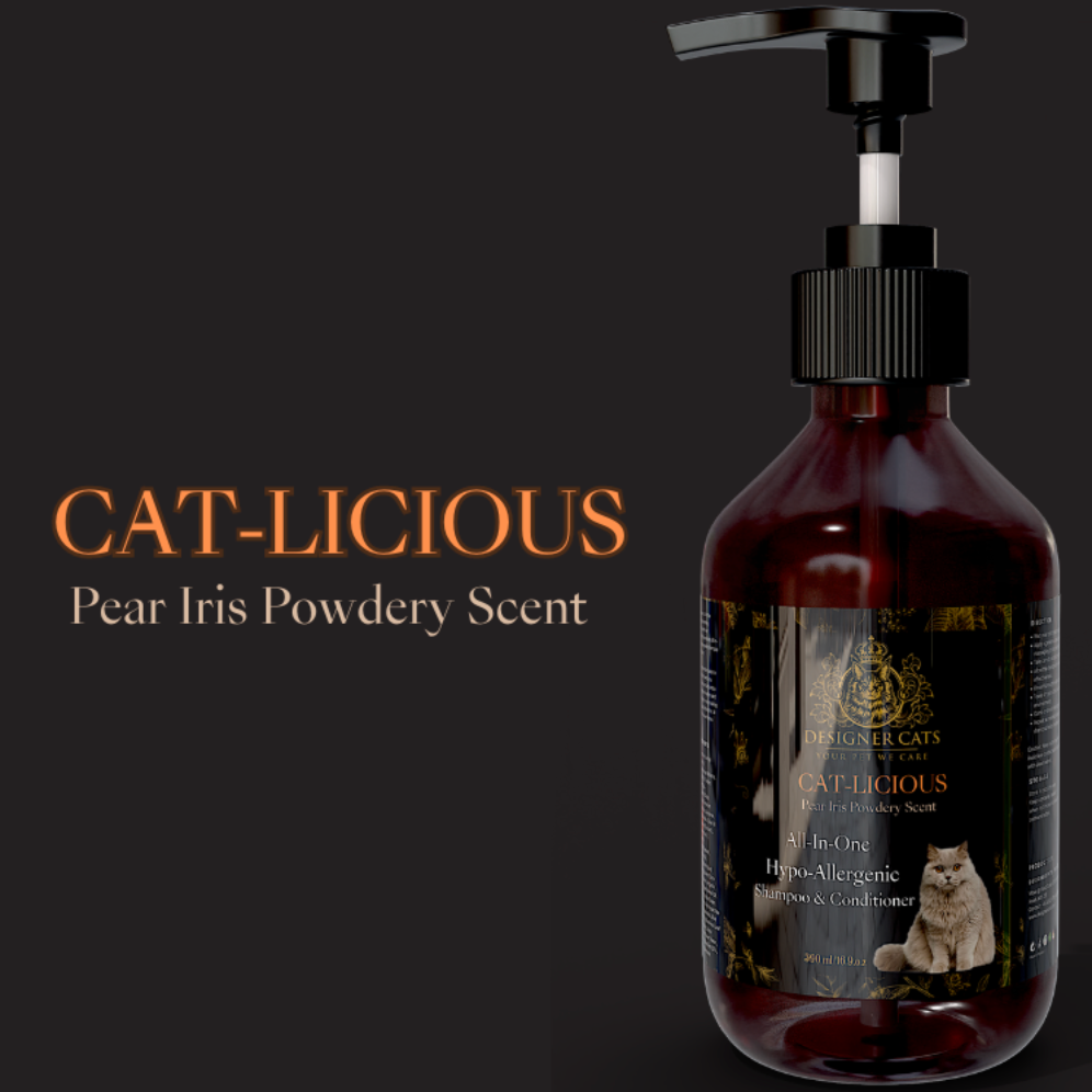 A 500ml bottle of Designer Cats Shampoo - Cat-Licious with a pear iris powdery scent, designed for hypoallergenic care and coat conditioning.