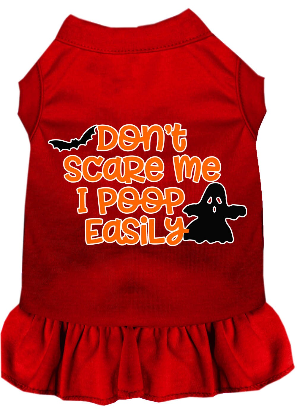 A cute dog wearing a Halloween dress with the slogan 'Don't Scare Me, I Poop Easily', showcasing a playful design perfect for pets.