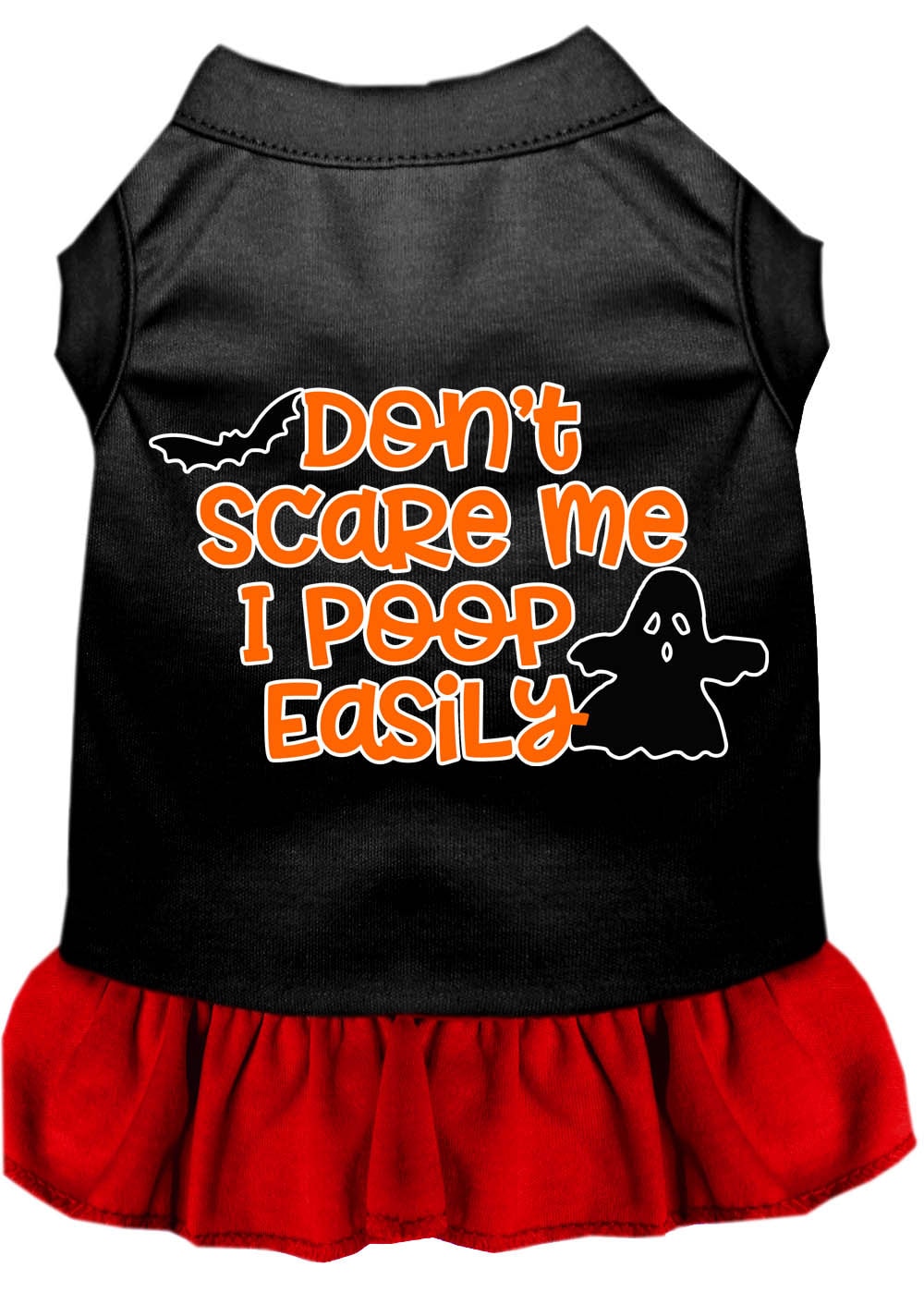 A cute dog wearing a Halloween dress with the slogan 'Don't Scare Me, I Poop Easily', showcasing a playful design perfect for pets.