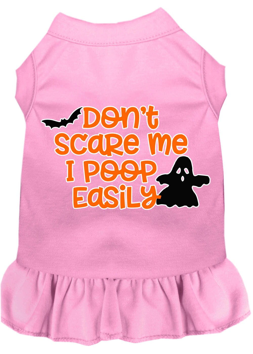 A cute dog wearing a Halloween dress with the slogan 'Don't Scare Me, I Poop Easily', showcasing a playful design perfect for pets.