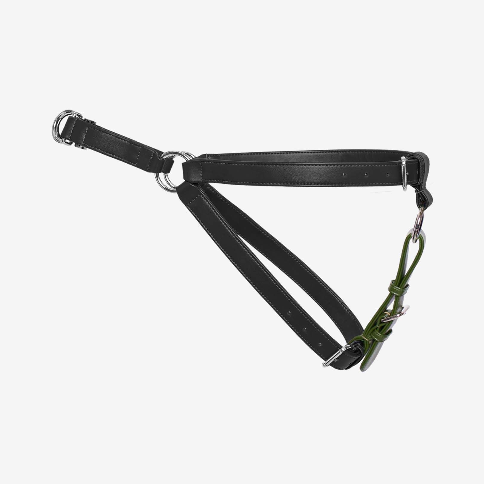 Zippy Peasy Harness in Black and Nopal Green with gold hardware, designed for comfort and safety for dogs of all sizes.