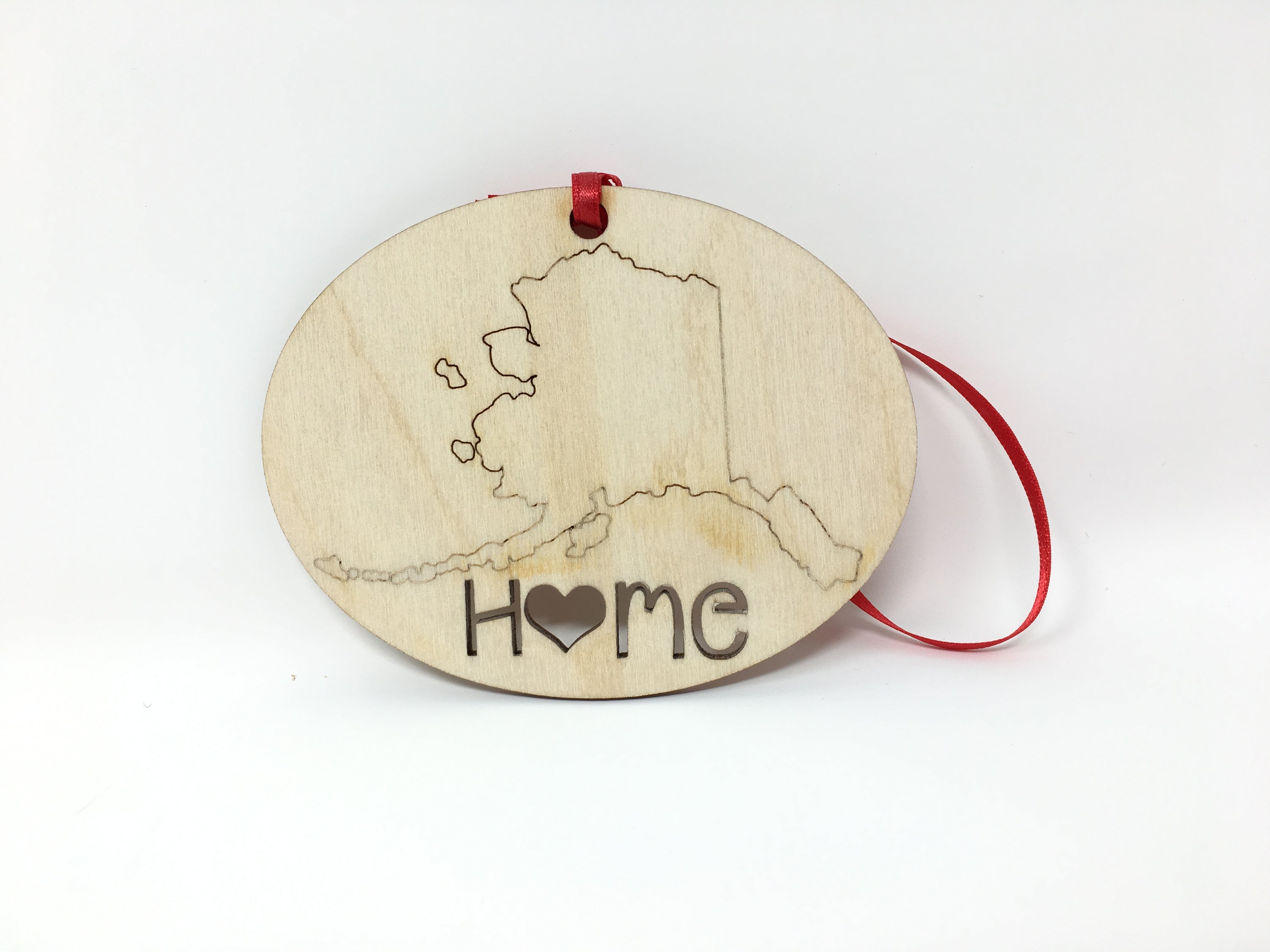 Alaska State Wood Christmas Ornament featuring 'Home' design, made from premium Baltic Birch wood.