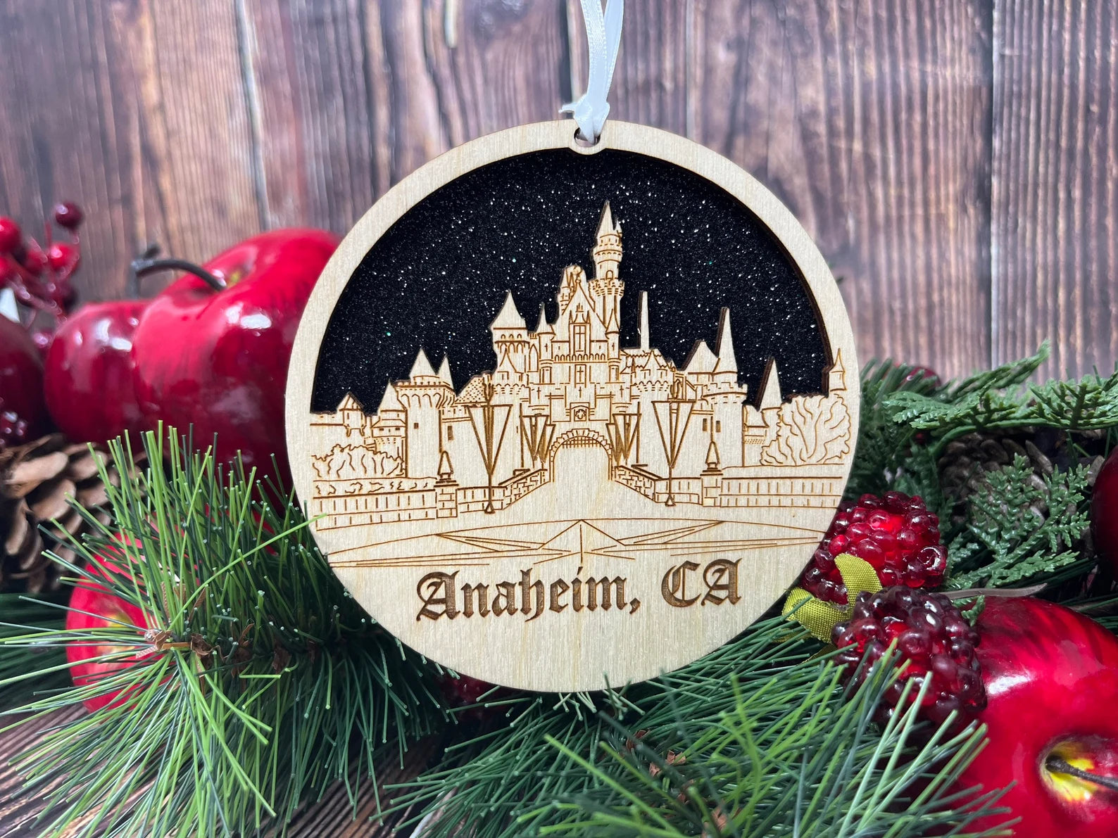 Anaheim Skyline Ornament made from premium Baltic birch wood, featuring intricate skyline details and a natural finish.