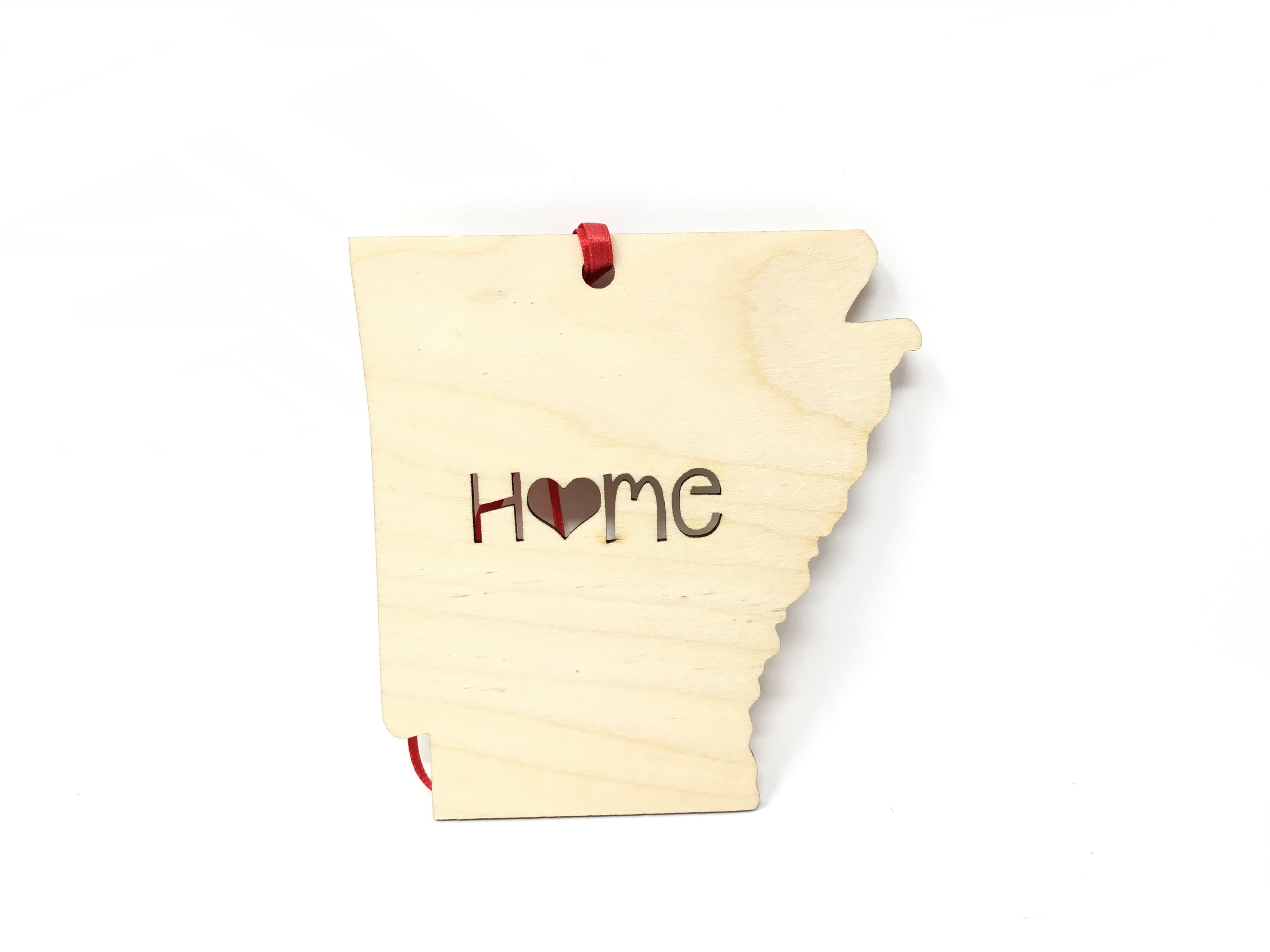 A charming Arkansas State Wood Christmas Ornament made from premium Baltic Birch, featuring the state outline and 'Home' design.