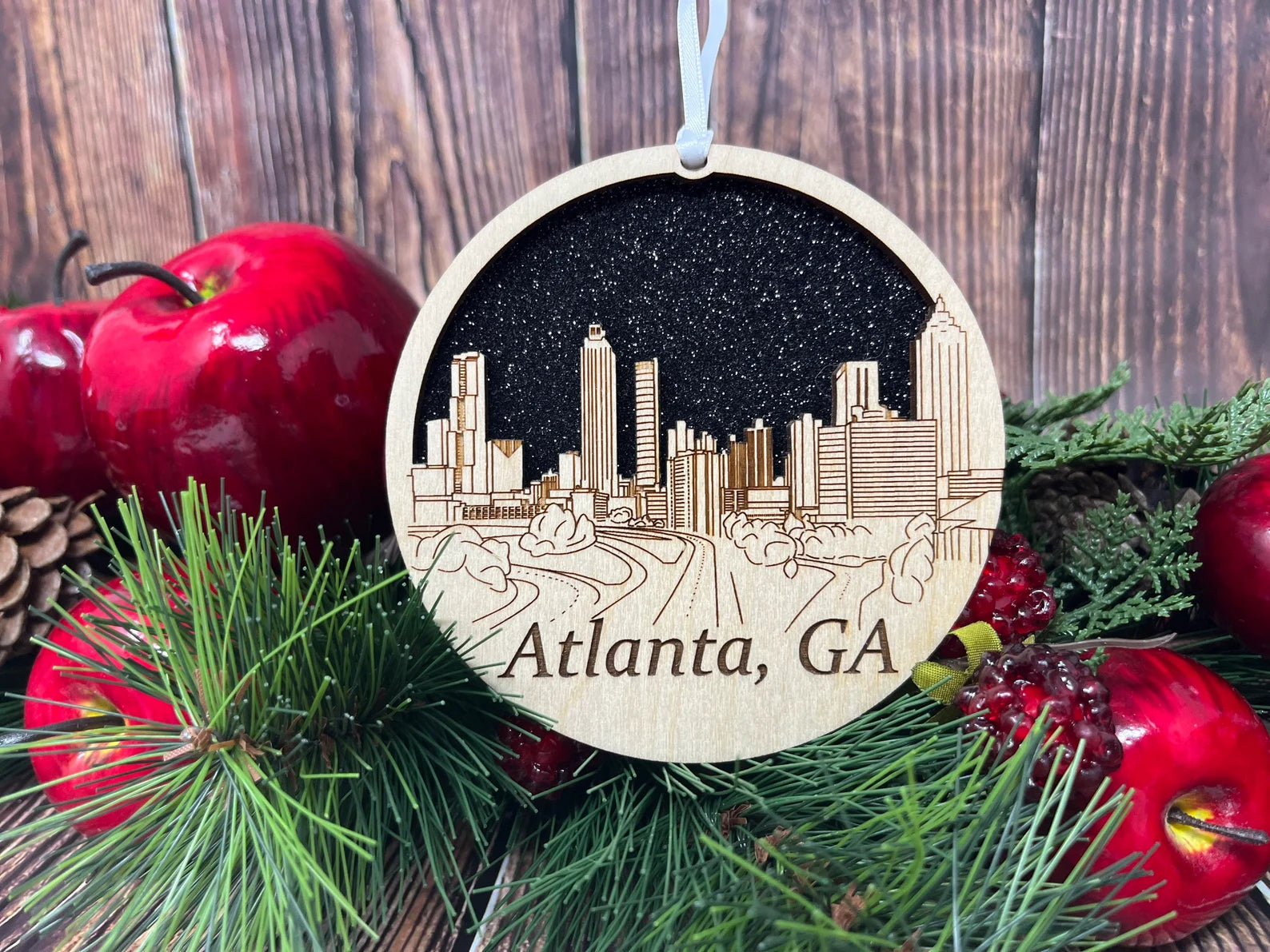 Atlanta Skyline Ornament made from premium Baltic birch wood, showcasing intricate skyline design.