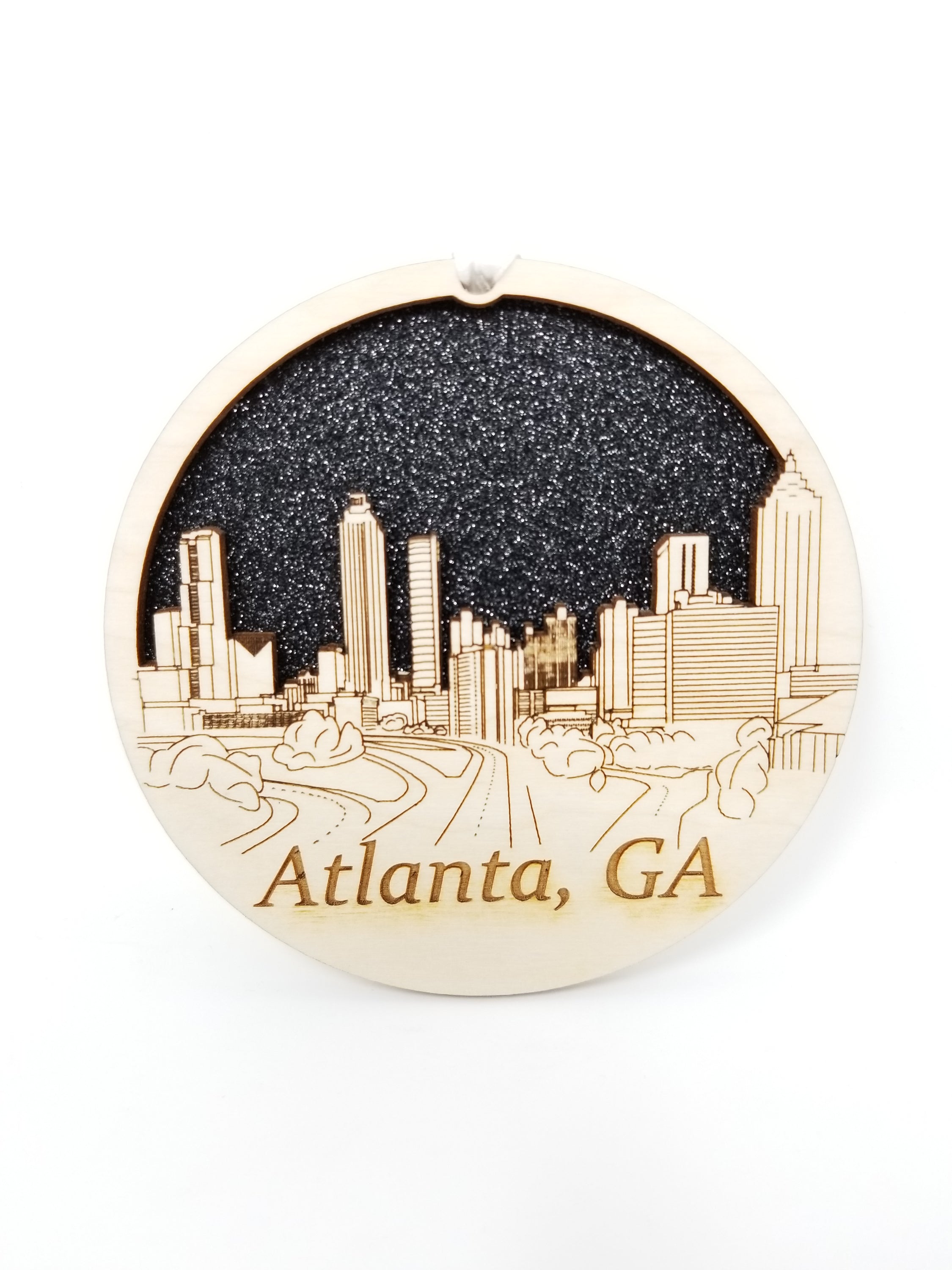 Atlanta Skyline Ornament made from premium Baltic birch wood, showcasing intricate skyline design.