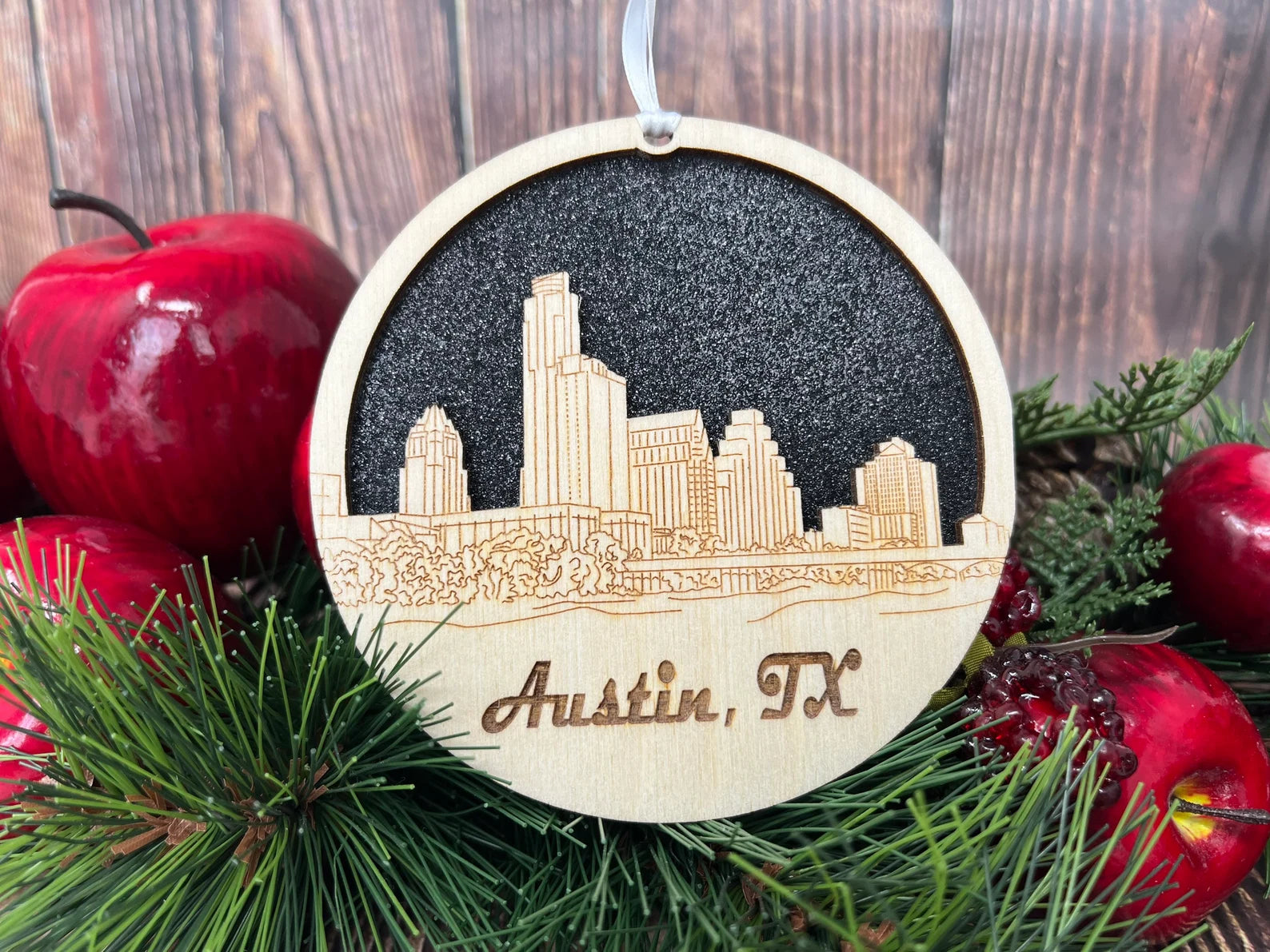 Austin Skyline Ornament made from premium Baltic birch wood, showcasing iconic city landmarks.