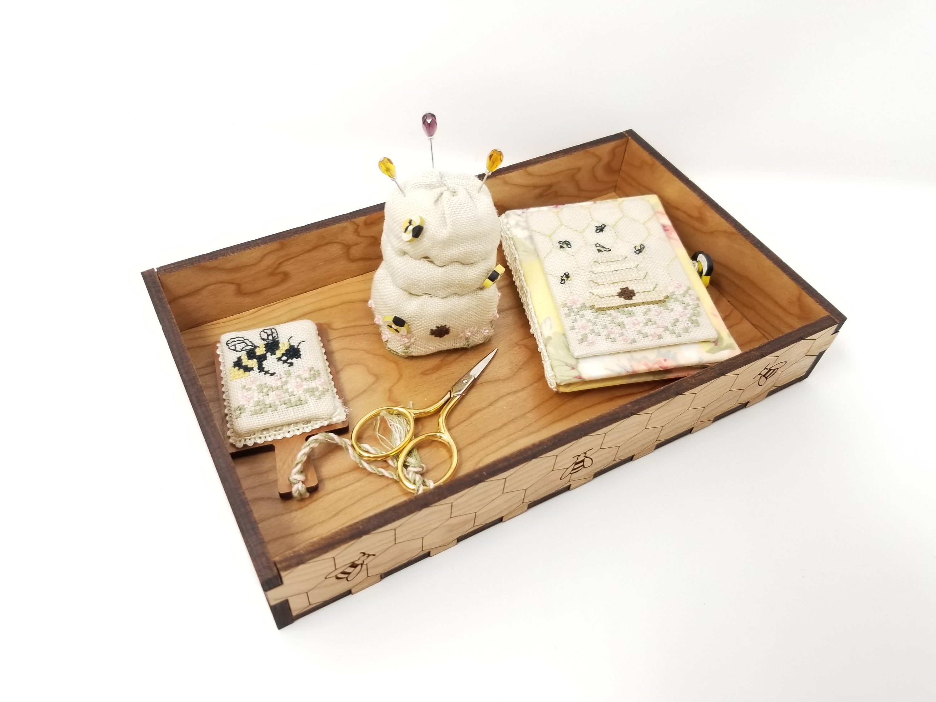 Bee FOB Kit featuring hornbook, pincushion, needlebook, and mini wood hornbook patterns.