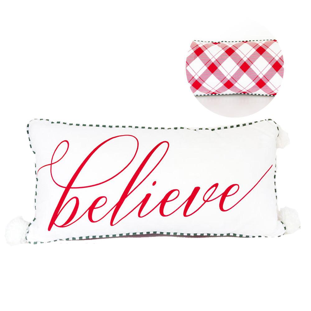 Believe pillow from Gia Roma's Premium Holiday Collection featuring red script and plaid design, adorned with tassel balls.