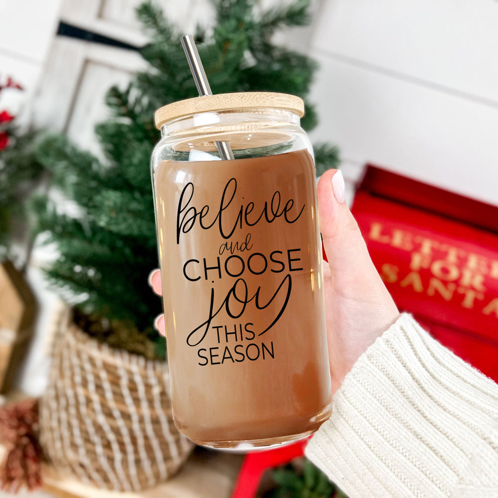 Believe & Joy Cup set featuring high borosilicate glass, bamboo lid, and stainless steel straws, perfect for various beverages.