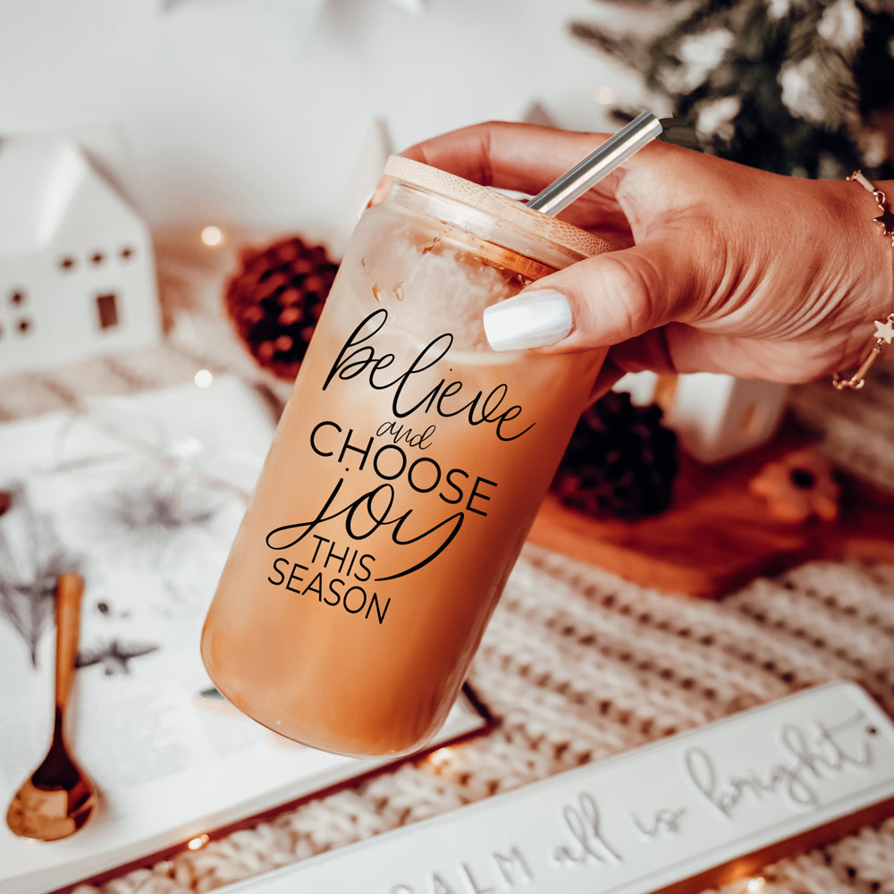 Believe & Joy Cup set featuring high borosilicate glass, bamboo lid, and stainless steel straws, perfect for various beverages.