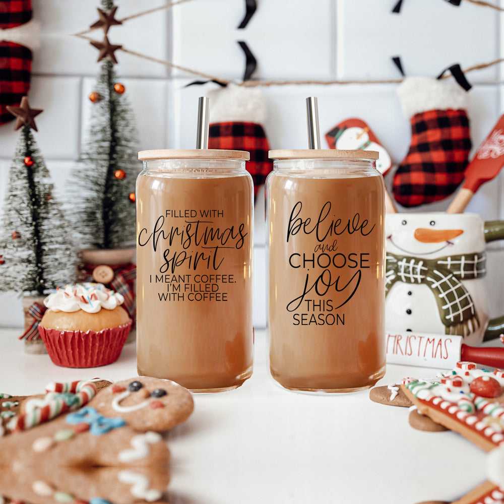 Believe & Joy Cup set featuring high borosilicate glass, bamboo lid, and stainless steel straws, perfect for various beverages.