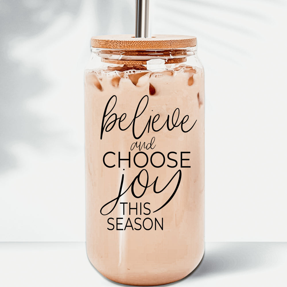 Believe & Joy Cup set featuring high borosilicate glass, bamboo lid, and stainless steel straws, perfect for various beverages.