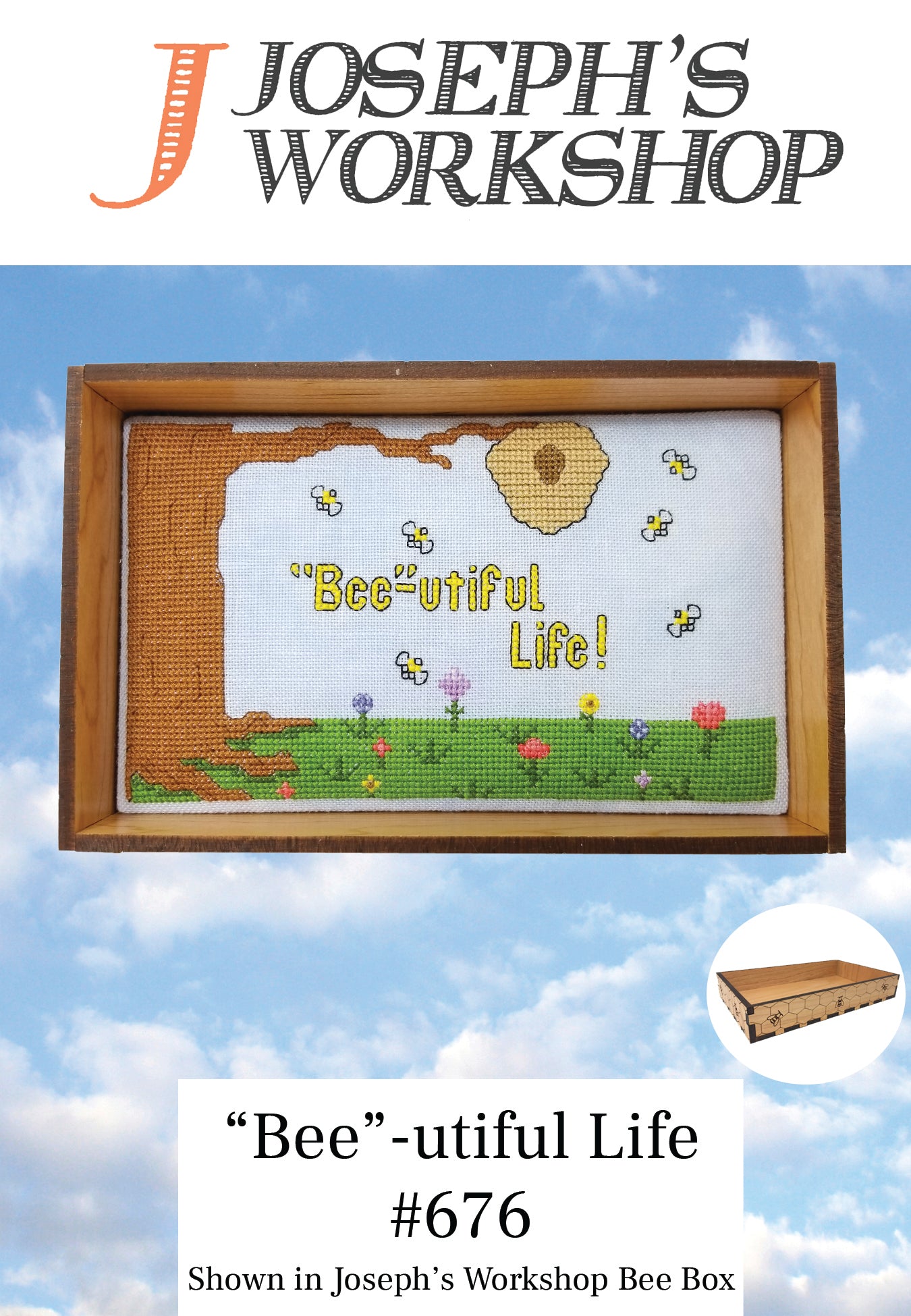 A beautifully stitched cross-stitch pattern titled 'Bee'-utiful Life, featuring intricate bee designs on pink fabric.