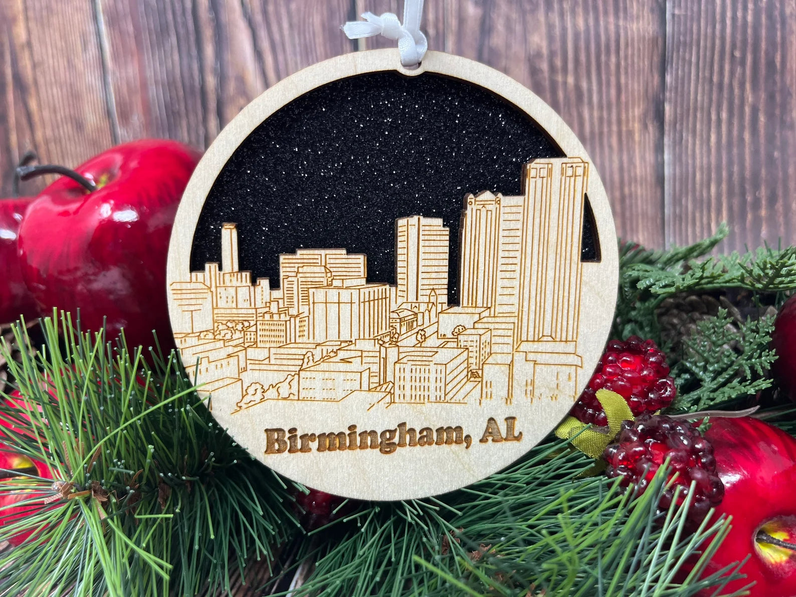 Birmingham Skyline Ornament made from premium Baltic birch wood, showcasing intricate skyline design.