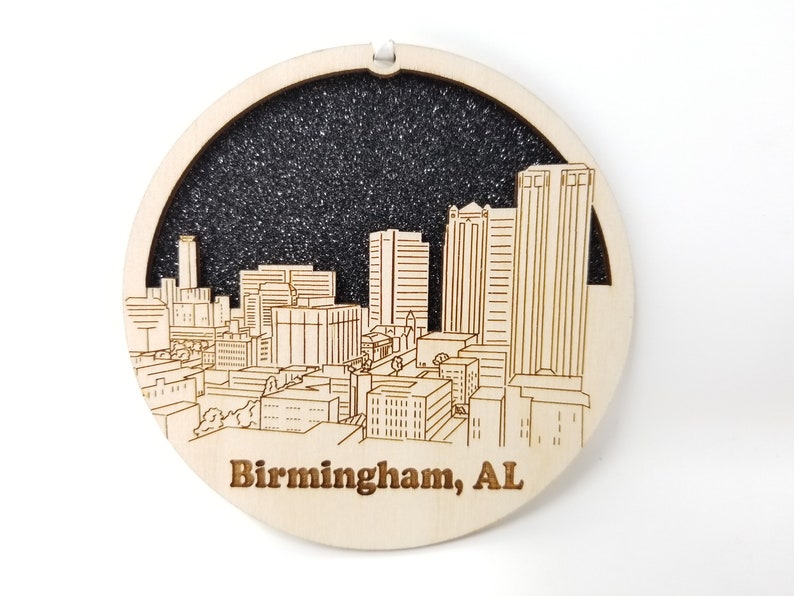 Birmingham Skyline Ornament made from premium Baltic birch wood, showcasing intricate skyline design.