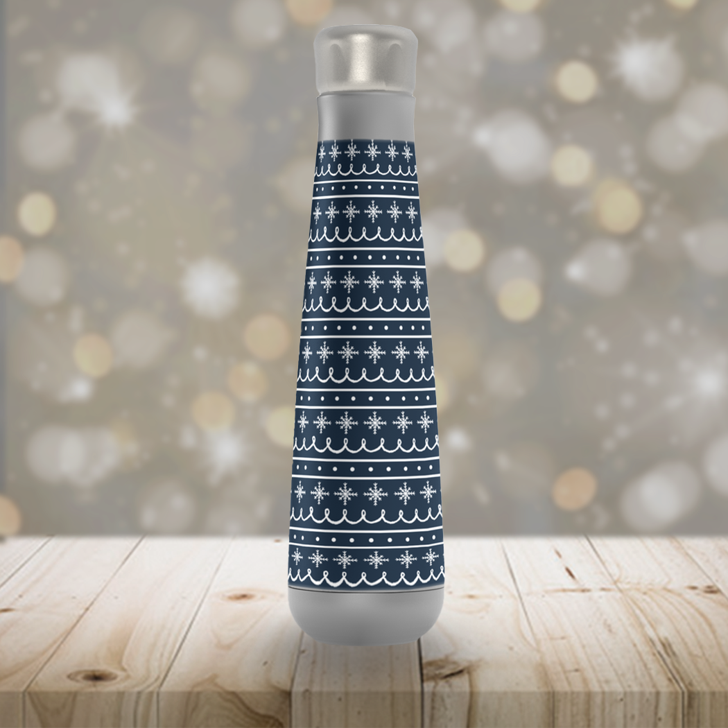 Blue Snowflake Pattern Peristyle Water Bottle made of stainless steel, featuring a screw-on lid and vacuum insulation, ideal for keeping drinks cold or hot.