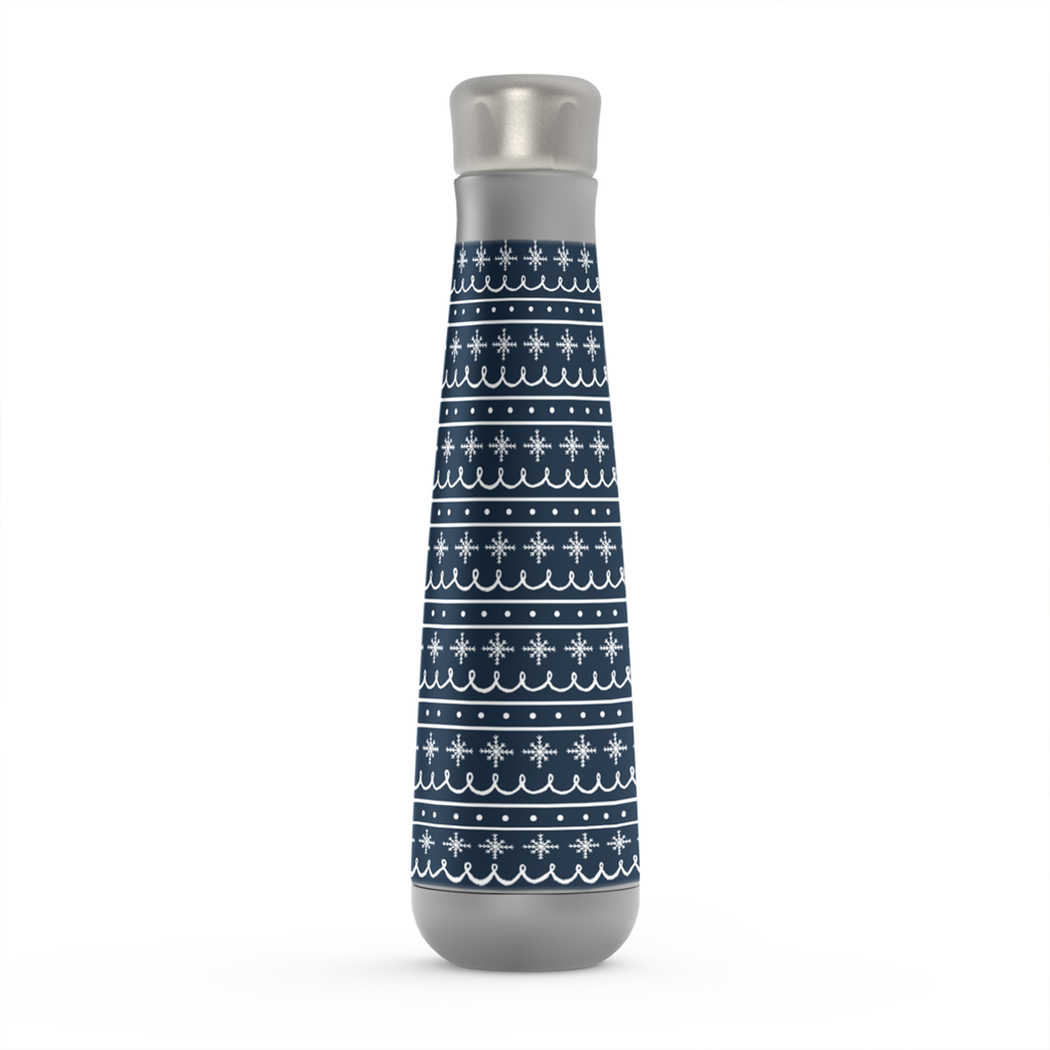 Blue Snowflake Pattern Peristyle Water Bottle made of stainless steel, featuring a screw-on lid and vacuum insulation, ideal for keeping drinks cold or hot.