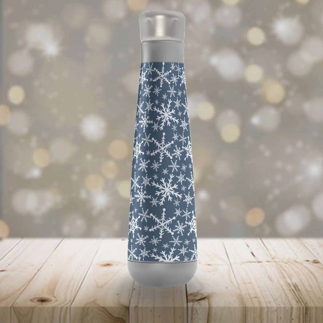 Blue Snowflakes Peristyle Water Bottle made of stainless steel with a screw-on lid, featuring a beautiful snowflake design.