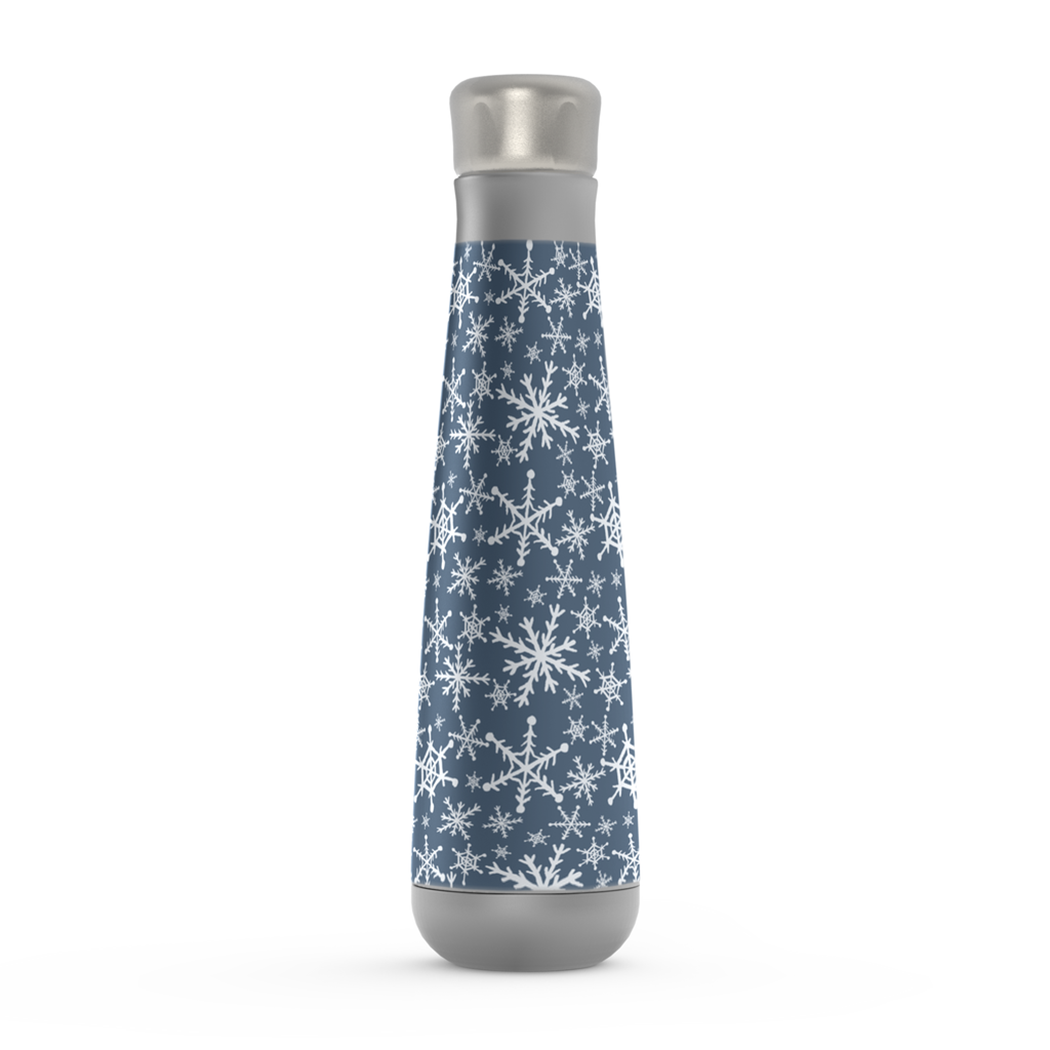 Blue Snowflakes Peristyle Water Bottle made of stainless steel with a screw-on lid, featuring a beautiful snowflake design.