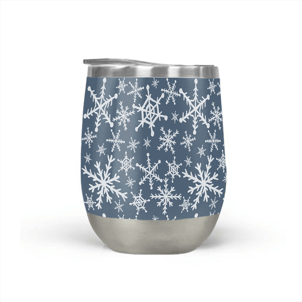 Blue Snowflakes Stemless Wine Tumbler with double-wall vacuum insulation, featuring a stylish snowflake design, perfect for outdoor use.