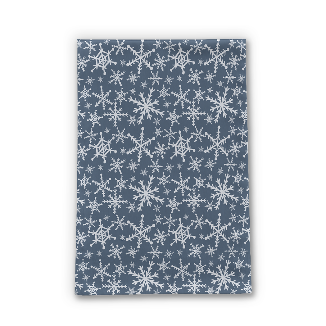 Blue Snowflakes Tea Towel made of cotton twill, featuring a charming snowflake design, measuring 18x30 inches, perfect for kitchen use.