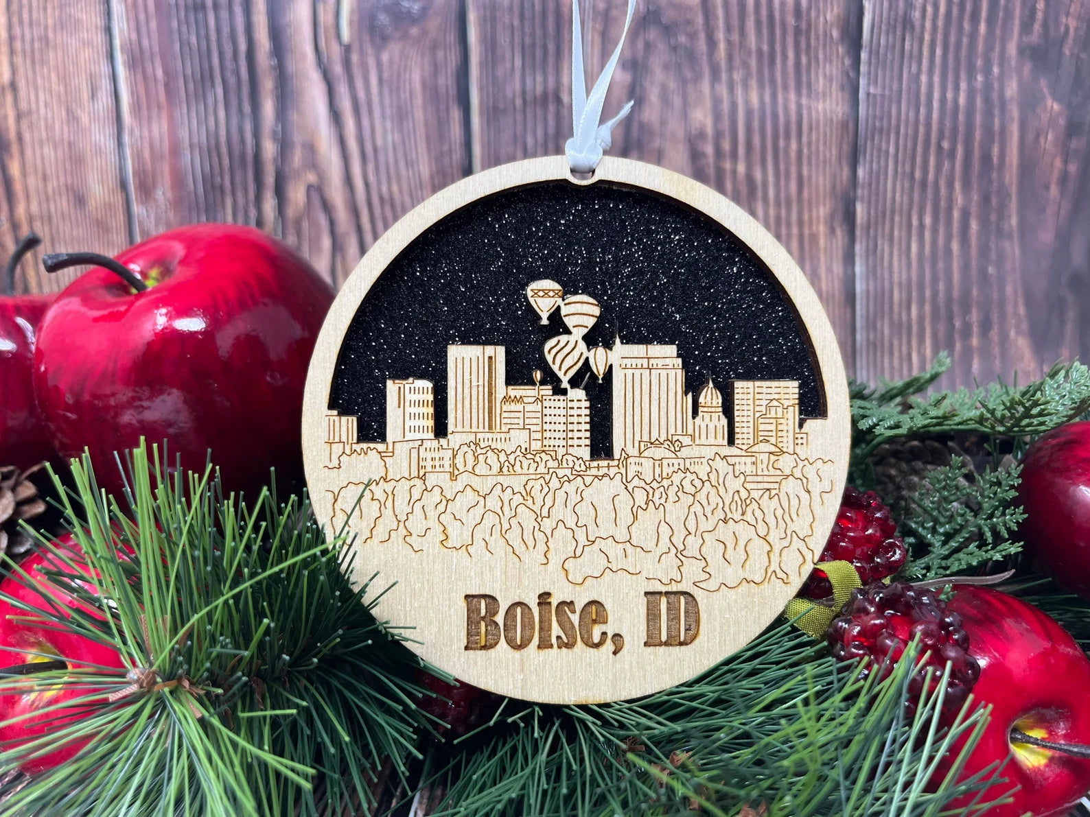 Boise Skyline Ornament made from premium Baltic birch wood, showcasing intricate skyline details.