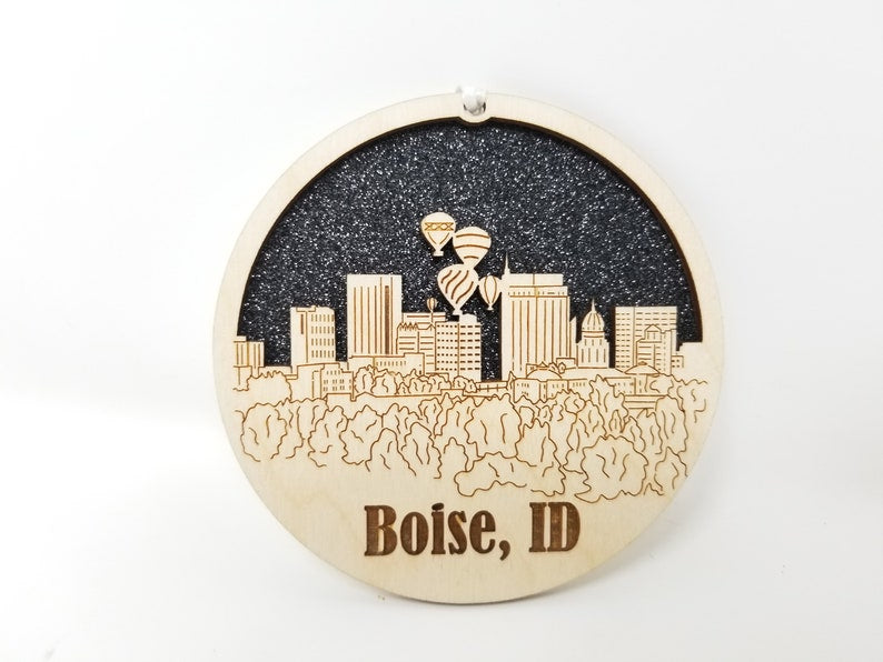 Boise Skyline Ornament made from premium Baltic birch wood, showcasing intricate skyline details.