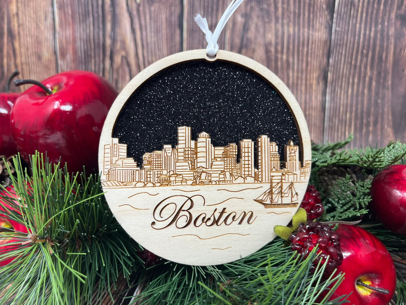 Boston Skyline Ornament made from premium Baltic birch wood, showcasing the iconic skyline design.