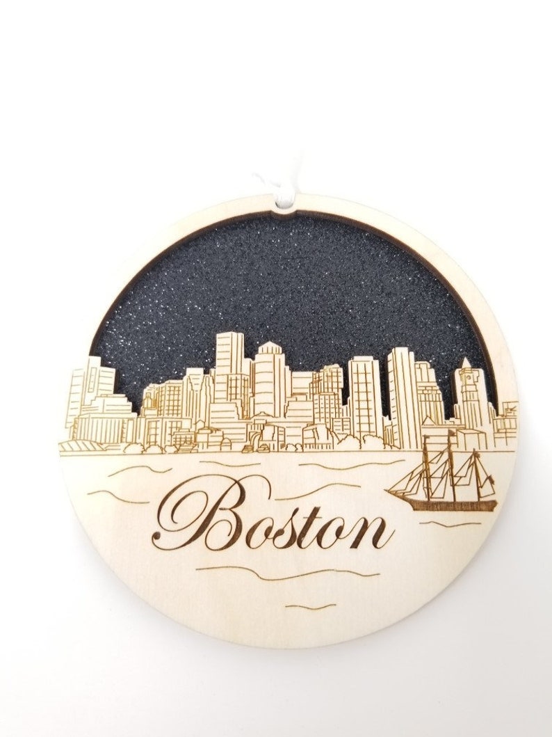 Boston Skyline Ornament made from premium Baltic birch wood, showcasing the iconic skyline design.